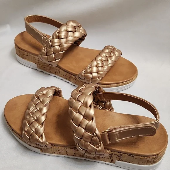 Tahari Gold Open Toe Rope Velcro Closure Cork Heel Summer sandals (girls size 3)